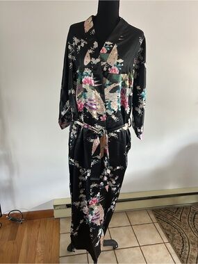 Women's Floral Satin Kimono Robe in Black with Pink & Green Accents